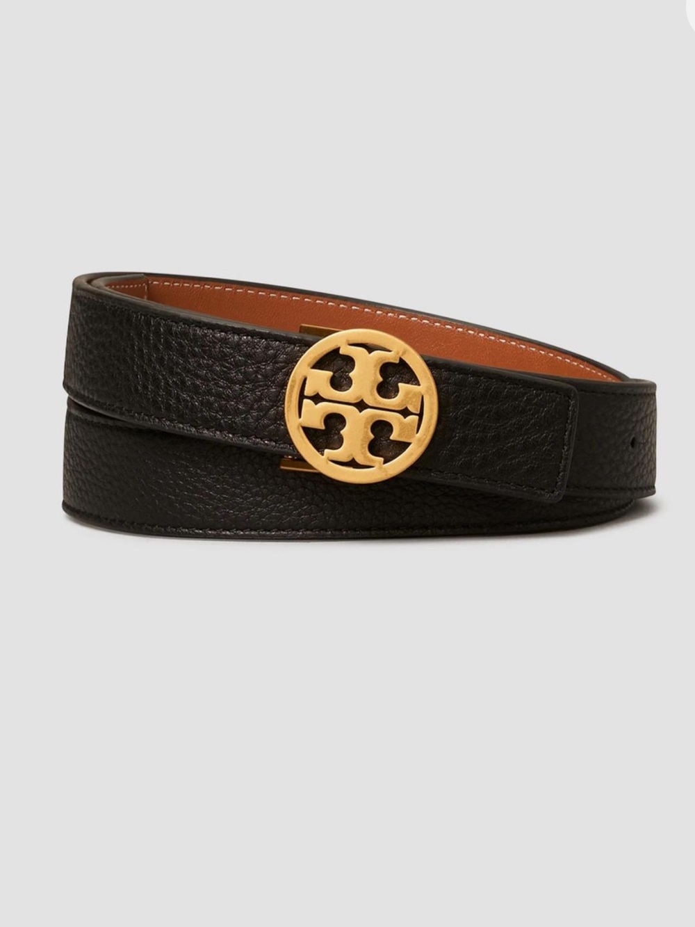 Tory Burch Miller Reversible Black/Brown Leather Belt with Gold Logo Medallion